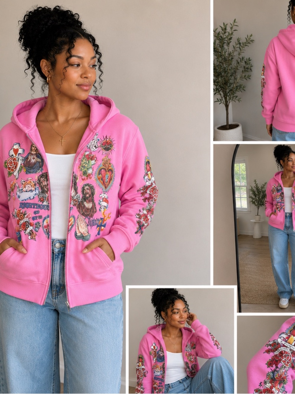 Pink Graphic Zip-Up Hoodie Jacket